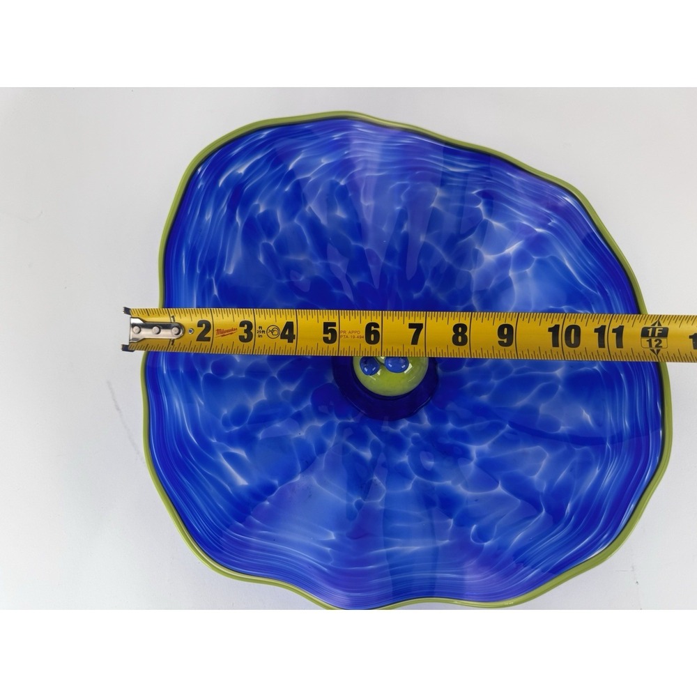 Hand Blown Art Glass Bowl Blue w Green Rim Prunt Center 12" Modern - Picture 10 of 10